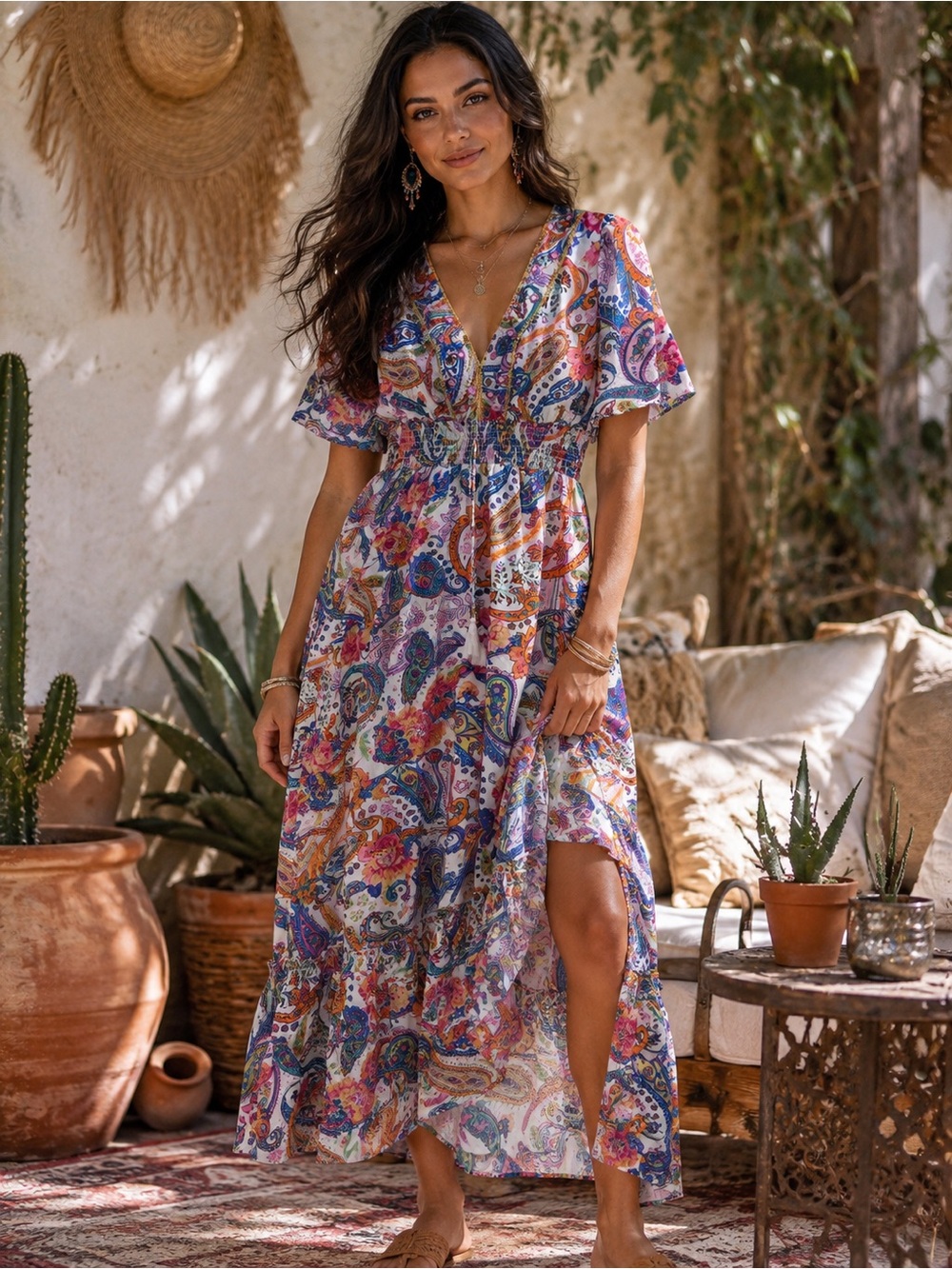 Floral Paisley Maxi Dress in White with Orange & Pink Accents